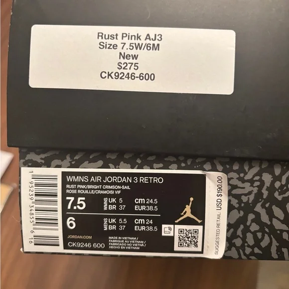 WOMENS AIR JORDAN RETRO 3 IN COLOR RUST PINK AND CRIMSON SAIL - Picture 9 of 9